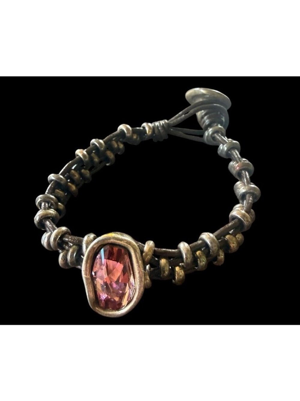 Uno De 50 Bracelet Brown Leather Pink Crystal Beaded 6.5” - Picture 4 of 6